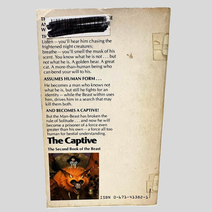 Back cover view of The Captive by Robert Stallman centered on a neutral light gray background. Chipping and creasing around the edges. Library barcode sticker in the top left corner, colored over with black ink. 