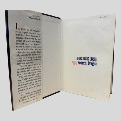 Inside front cover view of The Chamber by John Grisham (Large Print Edition) centered on a neutral light gray background. The inside page has "ST HELENS PUBLIC LIBRARY" stamped in blue ink and "WITHDRAWN" stamped in red ink.