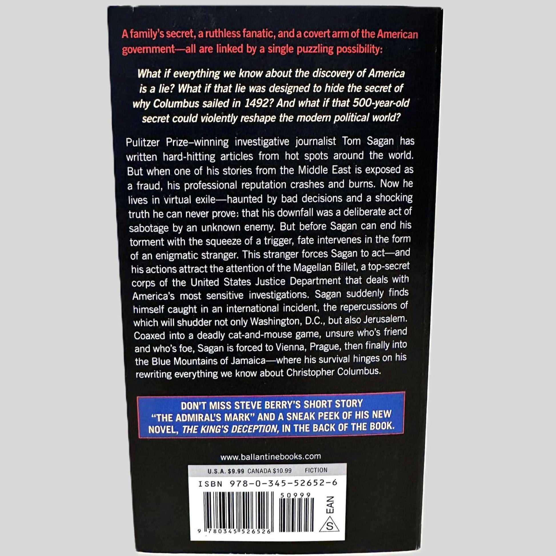 Back cover view of The Columbus Affair by Steve Berry centered on a neutral light gray background. 