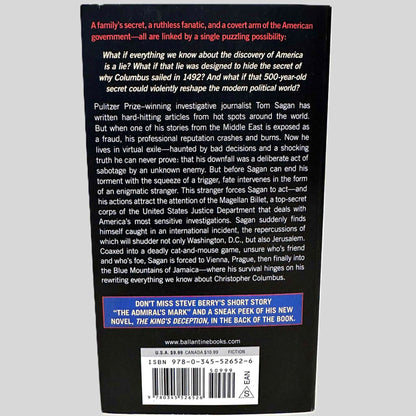 Back cover view of The Columbus Affair by Steve Berry centered on a neutral light gray background. 
