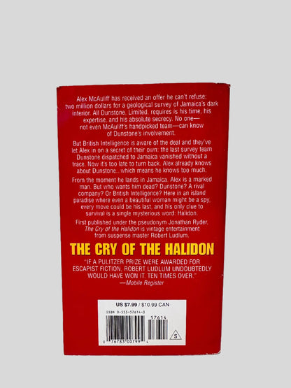 Back cover view of The Cry of the Halidon by Robert Ludlum centered on a neutral light gray background. 