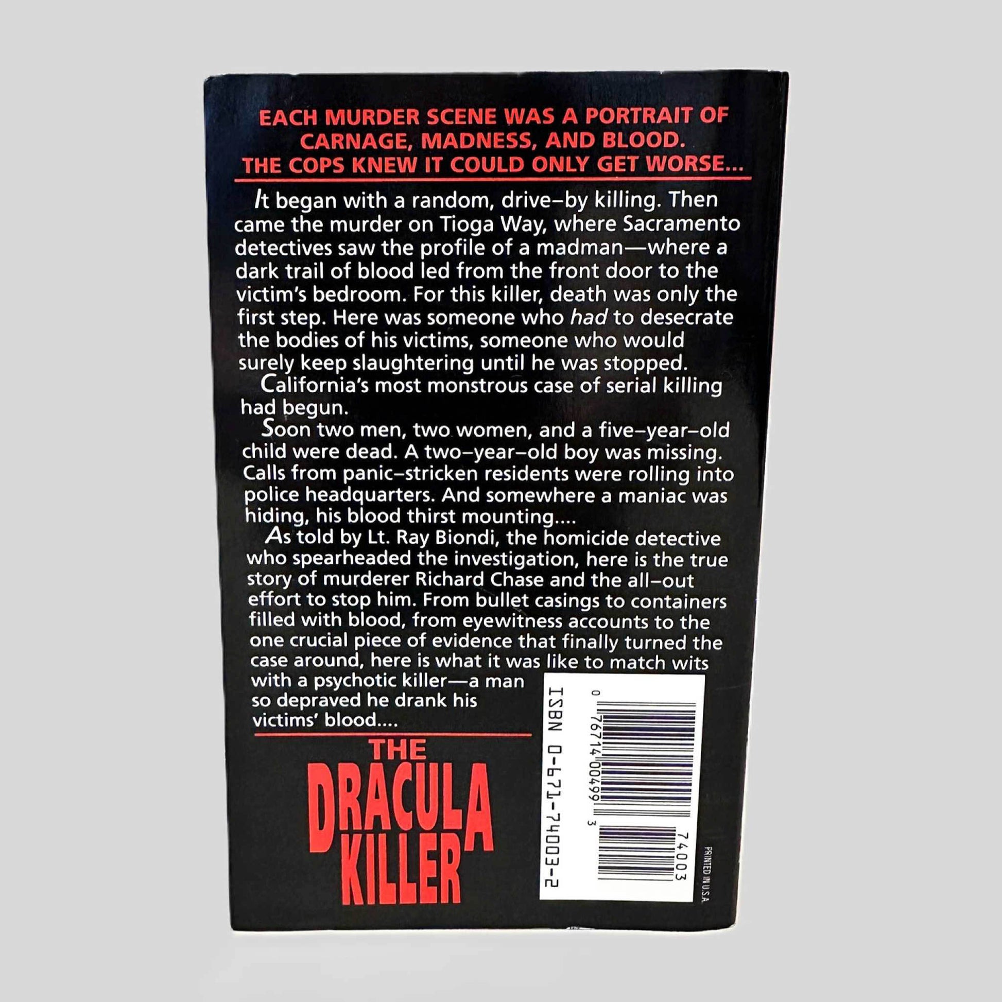 Back cover view of The Dracula Killer by LT. Ray Biondi & Walt Hecox centered on a neutral light gray background. 