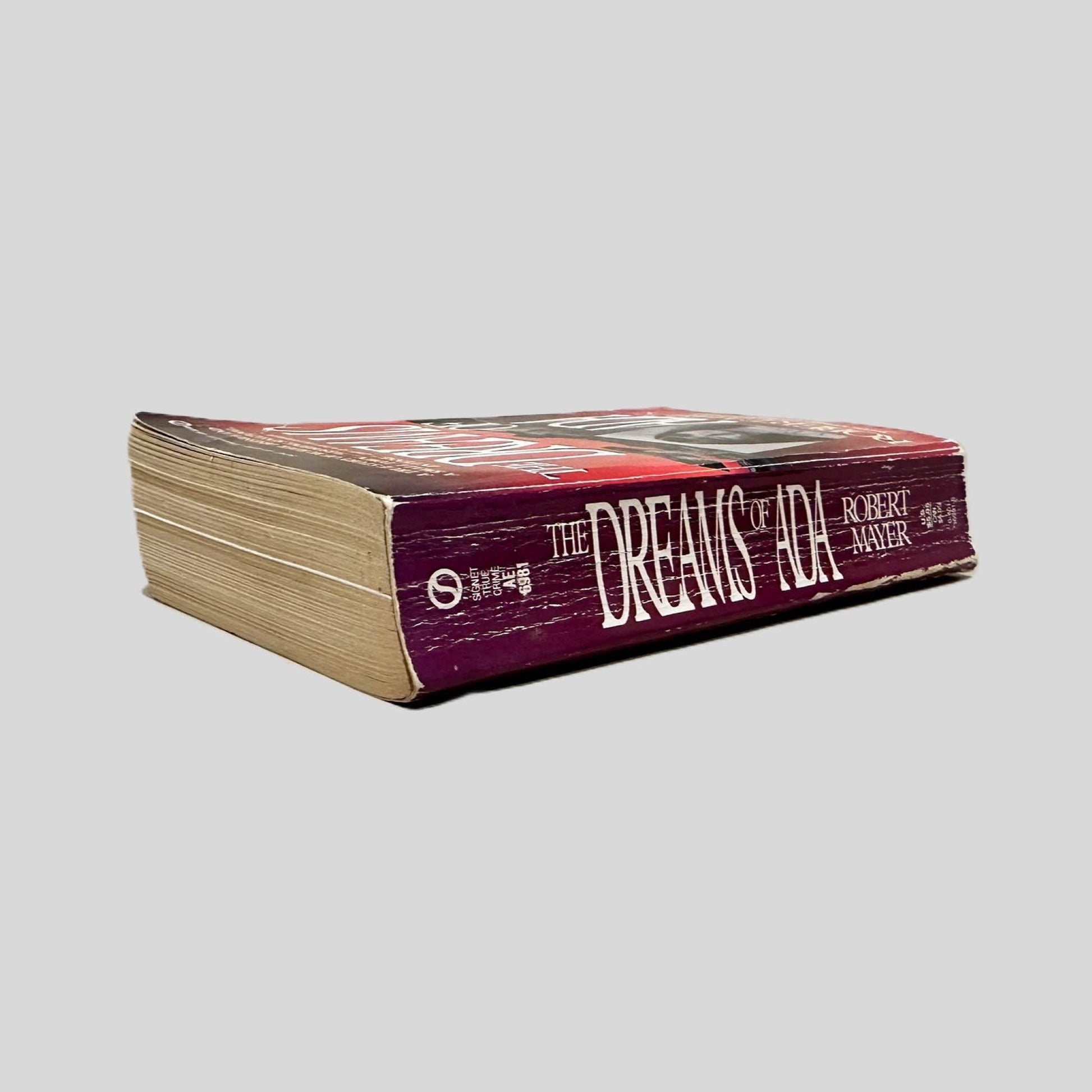 Close-up spine view of The Dreams of Ada by Robert Mayer centered on a neutral light gray background. Spine shows creasing.