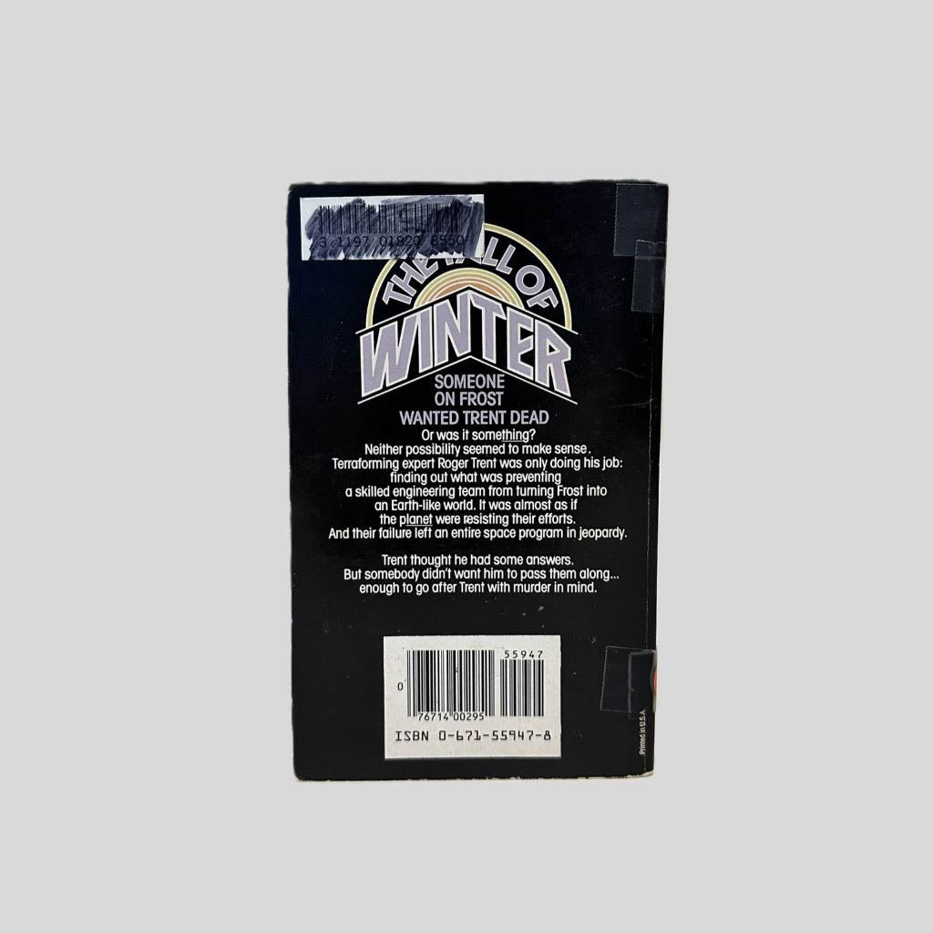 Back cover view of The Fall of Winter by Jack C. Haldeman II centered on a neutral light gray background. Minor chipping around the edges. Library barcode sticker in the top left corner, colored over with black ink.