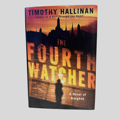 Front cover view of The Fourth Watcher by Timothy Hallinan centered on a neutral light gray background. Dust jacket is present and undamaged.
