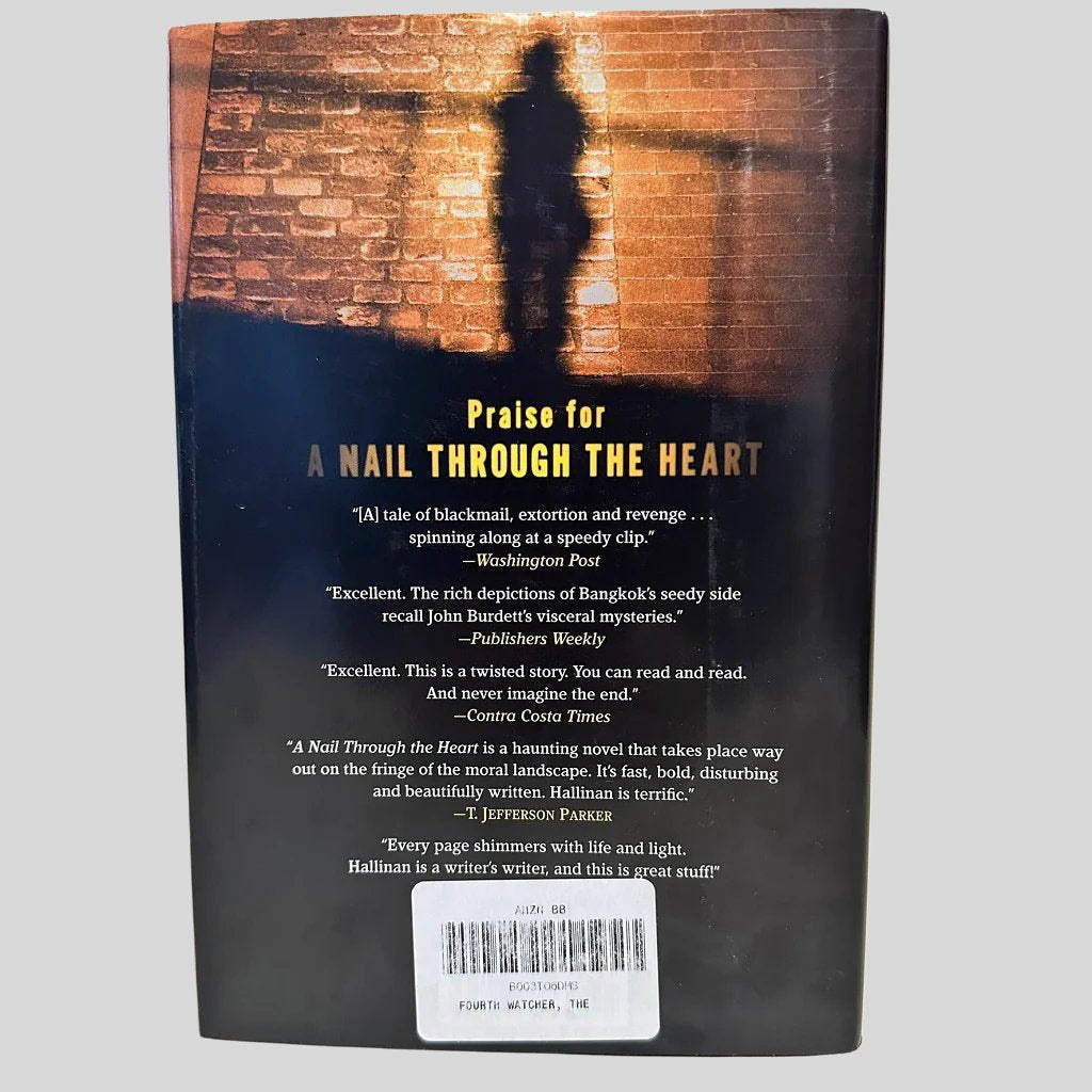 Back cover view of The Fourth Watcher by Timothy Hallinan centered on a neutral light gray background. Dust jacket is present and undamaged.
