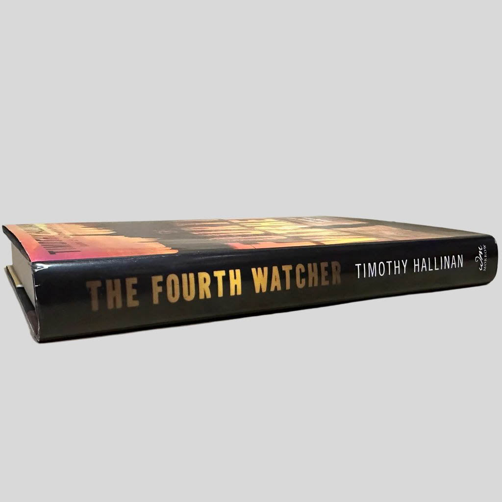 Close-up spine view of The Fourth Watcher by Timothy Hallinan centered on a neutral light gray background. Dust jacket is present and undamaged.