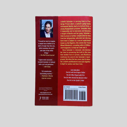 Back cover view of The Girl Who Takes an Eye for an Eye by David Lagercrantz centered on a neutral light gray background. 