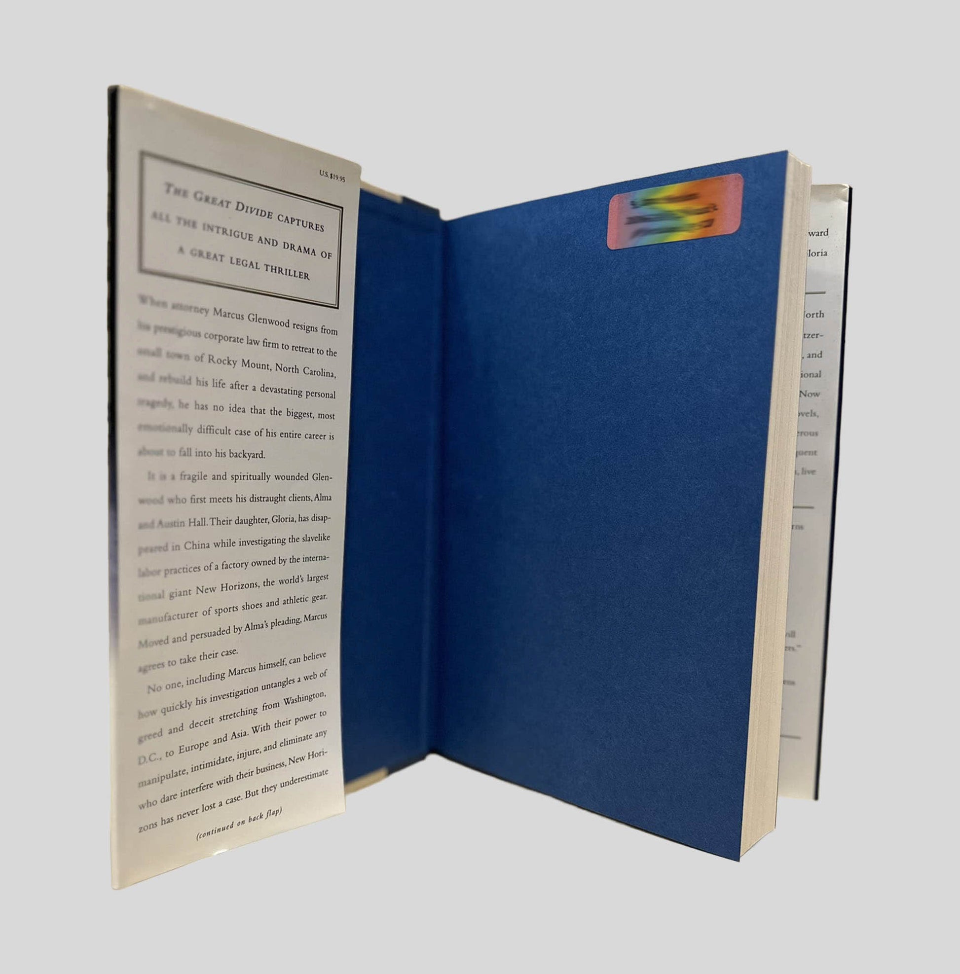 Inside front cover view of The Great Divide by T. Davis Bunn centered on a neutral light gray background. There is rainbow colored name/address sticker from a previous owner. The details are blurred out for privacy and safety of the previous owner.