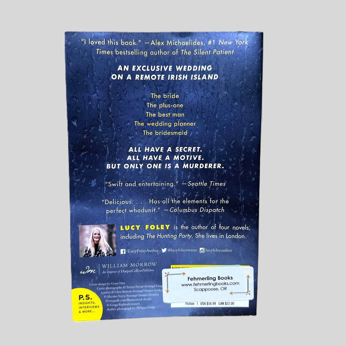 Back cover view of The Guest List by Lucy Foley centered on a neutral light gray background. 