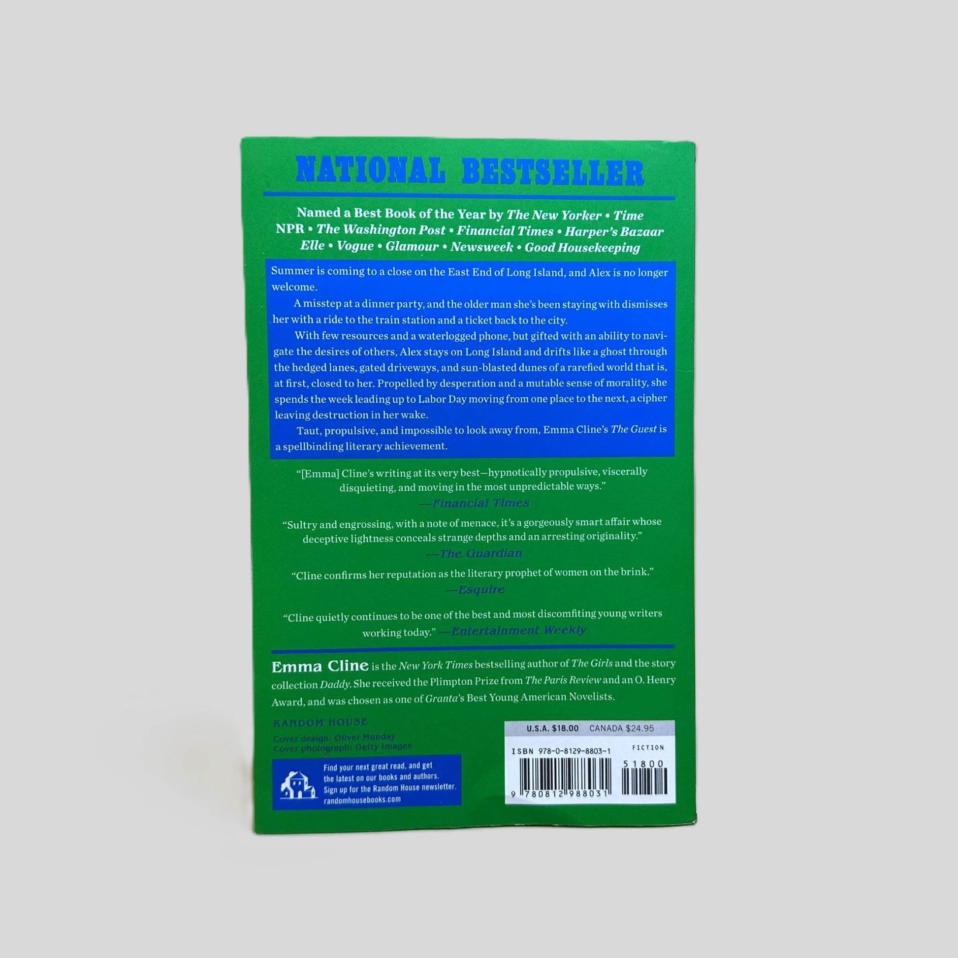 Back cover view of The Guest by Emma Cline centered on a neutral light gray background. 