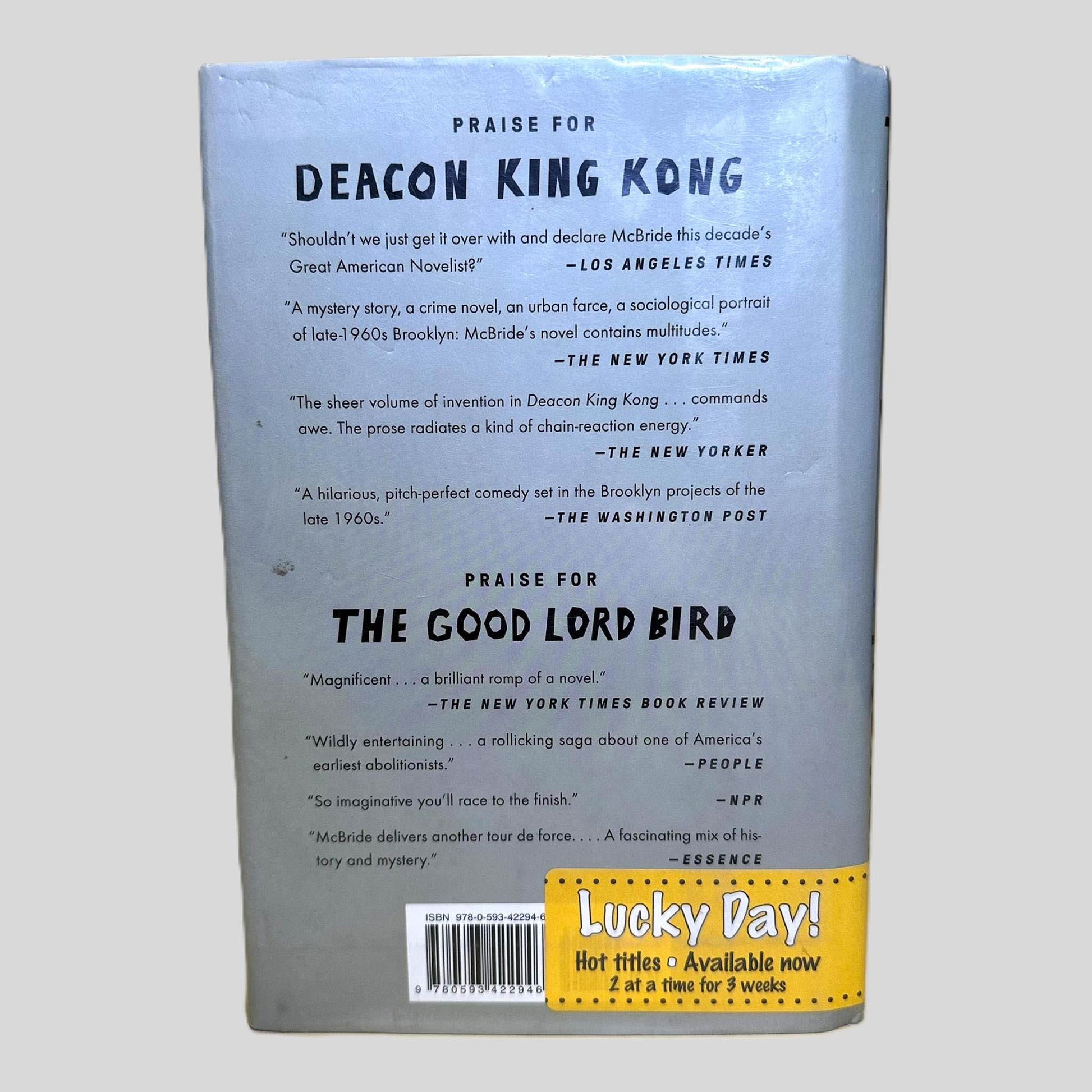 Back cover view of The Heaven and Earth Grocery Store by James McBride centered on a neutral light gray background. Dust jacket is present with mylar cover. "Lucky Day!" library advertisement sticker located in the bottom right corner, partially covering the book's barcode. 