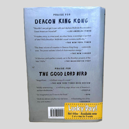 Back cover view of The Heaven and Earth Grocery Store by James McBride centered on a neutral light gray background. Dust jacket is present with mylar cover. "Lucky Day!" library advertisement sticker located in the bottom right corner, partially covering the book's barcode. 