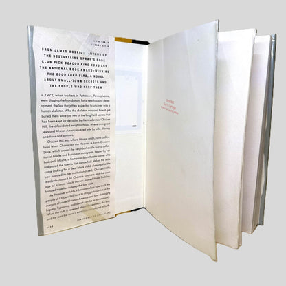 Inside front cover view of The Heaven and Earth Grocery Store by James McBride centered on a neutral light gray background. Library discard stamp in red is on the inside blank cover page.