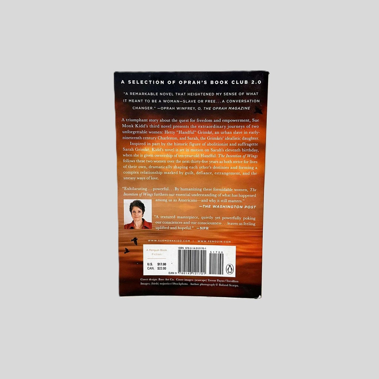 Back cover view of The Invention of Wings by Sue Monk Kidd centered on a neutral light gray background. 