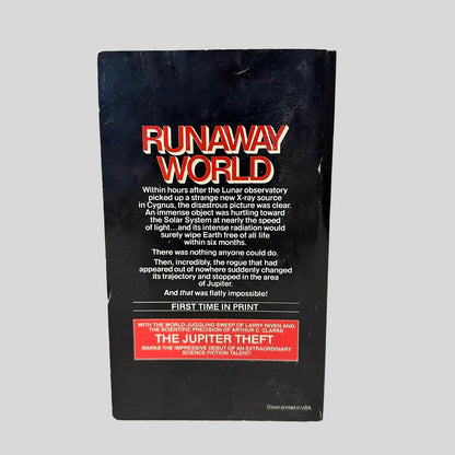 Back cover view of The Jupiter Theft by Donald Moffitt centered on a neutral light gray background. Rubbing is present to the back cover from age. Print on the back cover is vibrant.