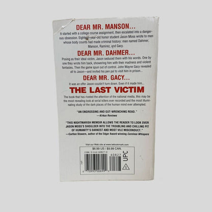 Back cover view of The Last Victim by Jason Moss centered on a neutral light gray background. 