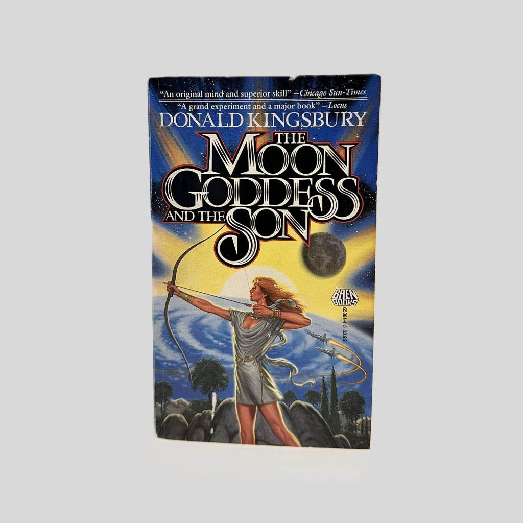 Front cover view of The Moon Goddess and the Son by Donald Kingsbury centered on a neutral light gray background. Small chip at the top of the cover. Cover art is vibrant.