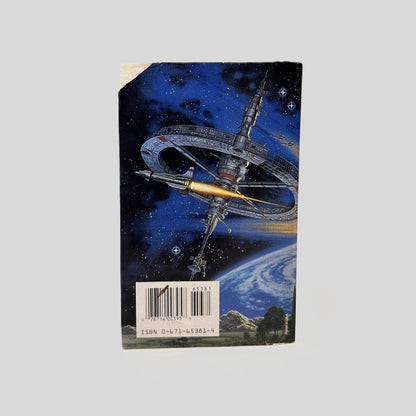 Back cover view of The Moon Goddess and the Son by Donald Kingsbury centered on a neutral light gray background. Top left corner is clipped. Minor chipping near the spine edge.