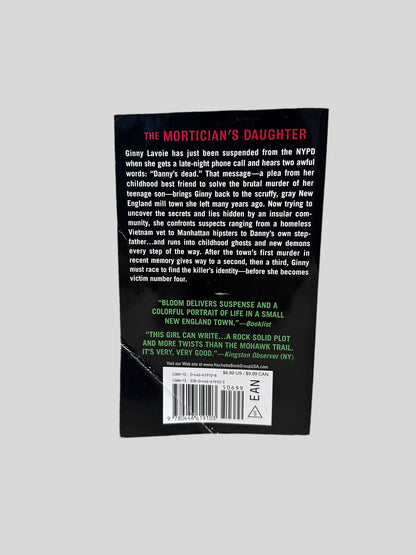 Back cover view of The Mortician's Daughter by Elizabeth Bloom centered on a neutral light gray background. Creasing across the bottom left corner.