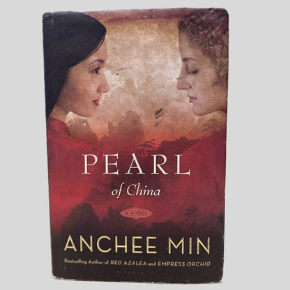 Front cover view of The Pearl of China by Anchee Min centered on a neutral light gray background. Dust jacket is present. Scuff marks visible on the cover art. Normal wear around the edges from age.
