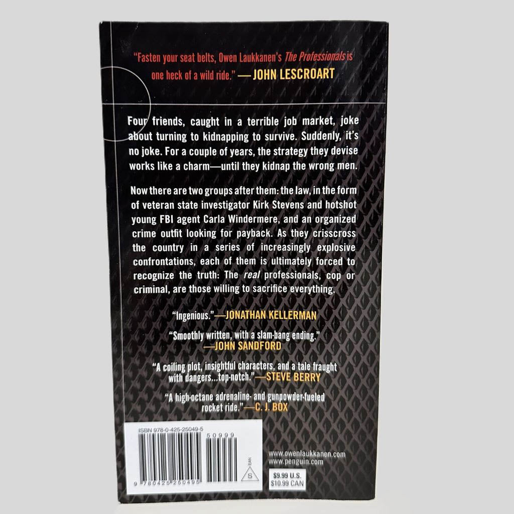 Back cover view of The Professionals by Owen Laukkanen centered on a neutral light gray background. 