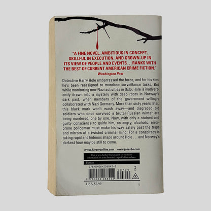 The back cover of "The Redbreast" showing a praise quote from the Washington Post and a detailed plot summary regarding Detective Harry Hole and Norway's Nazi-collaboration past.