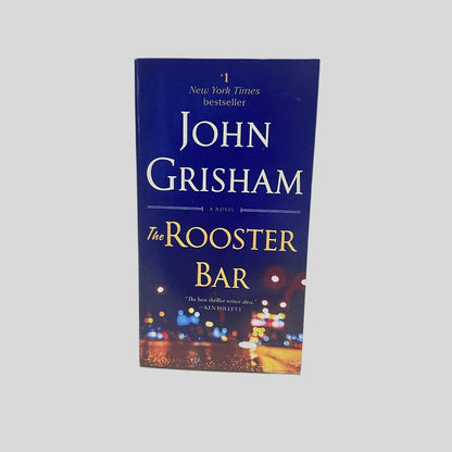 Front cover view of The Rooster Bar by John Grisham centered on a neutral light gray background. 