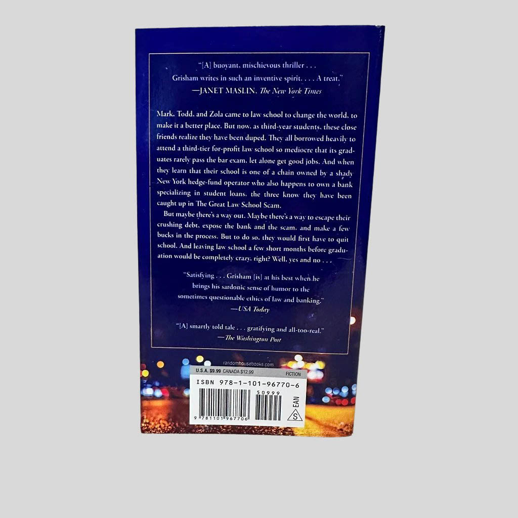 Back cover view of The Rooster Bar by John Grisham centered on a neutral light gray background. 