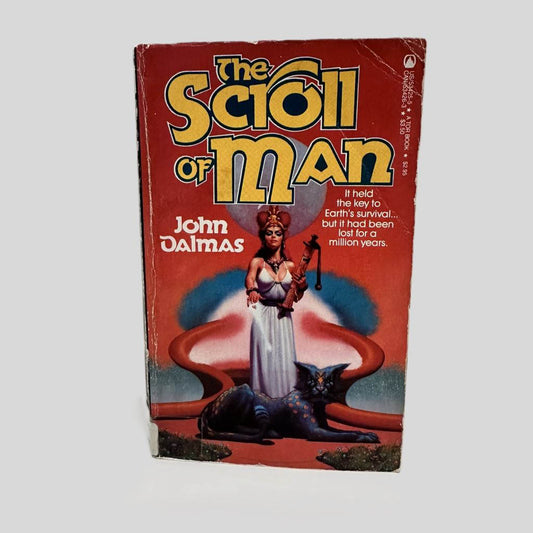 Front cover view of The Scroll of Man by John Dalmas centered on a neutral light gray background. Creasing near spine and top right corner. Cover art is vibrant. Chipping along edges from normal wear.
