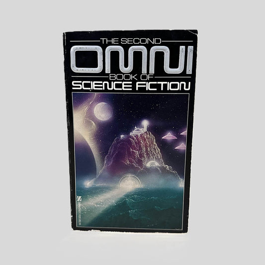 Front cover view of The Second Omni Book of Science Fiction centered on a neutral light gray background. Minor creasing and chipping to edges from age and normal wear.