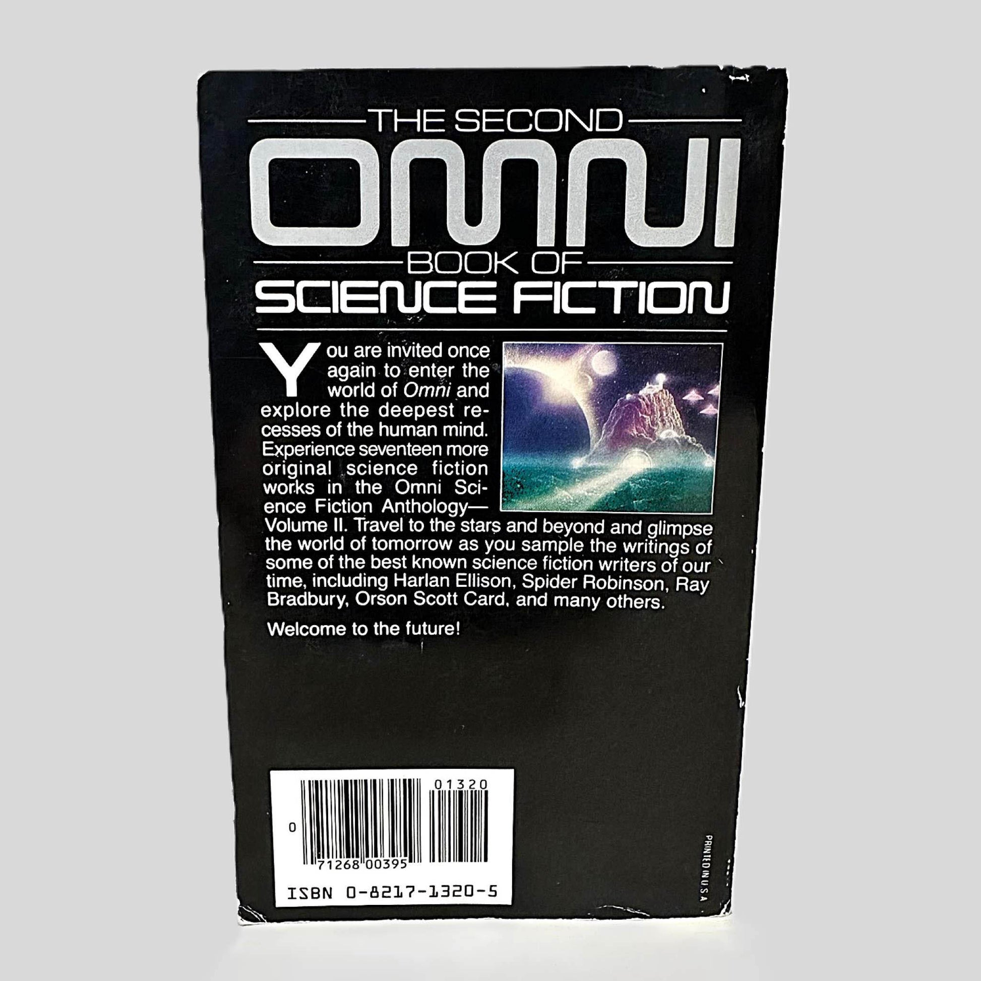 Back cover view The Second Omni Book of Science Fiction centered on a neutral light gray background. Minor chipping and creasing around the edges of the back cover.