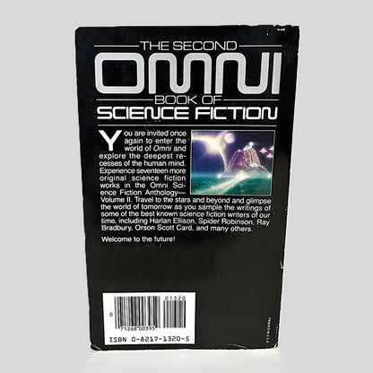 Back cover view The Second Omni Book of Science Fiction centered on a neutral light gray background. Minor chipping and creasing around the edges of the back cover.