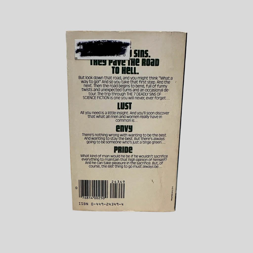 Back cover view of The Seven Deadly Sins of Science Fiction Edited By Isaac Asimov centered on a neutral light gray background. Normal chipping and creasing from age and wear. Library barcode sticker in the top left corner, colored over with black ink. 