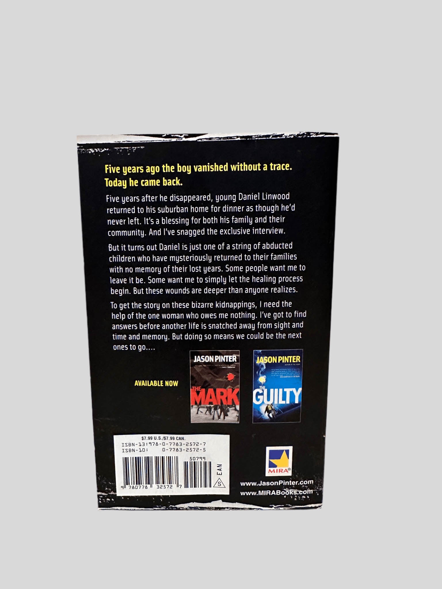 Back cover view of The Stolen by Jason Pinter centered on a neutral light gray background. 