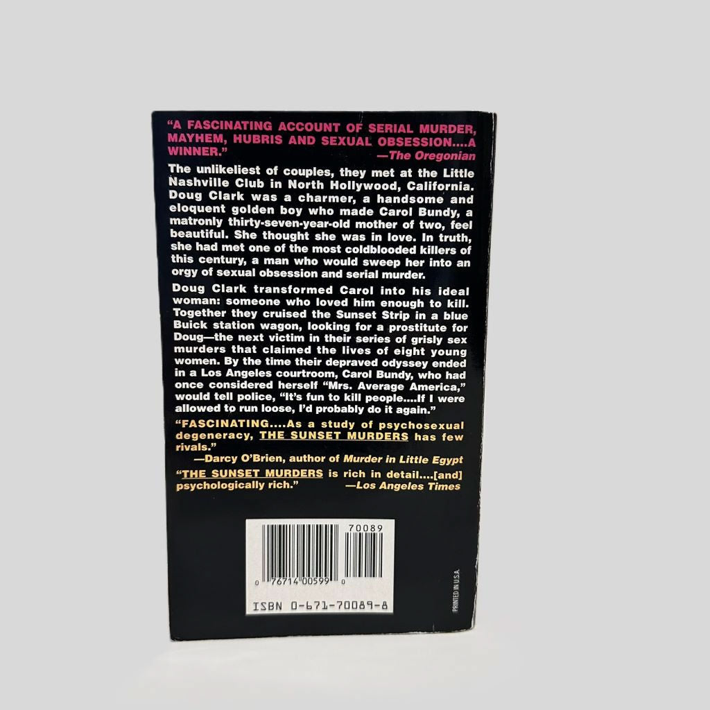 Back cover view of The Sunset Murders by Louise Farr centered on a neutral light gray background. 