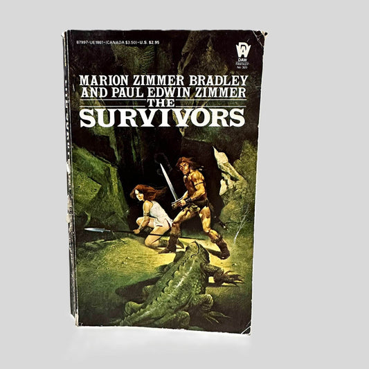 Front cover view of The Survivors by Marion Zimmer Bradley & Paul Edwin Zimmer centered on a neutral light gray background. Creasing and chipping present.