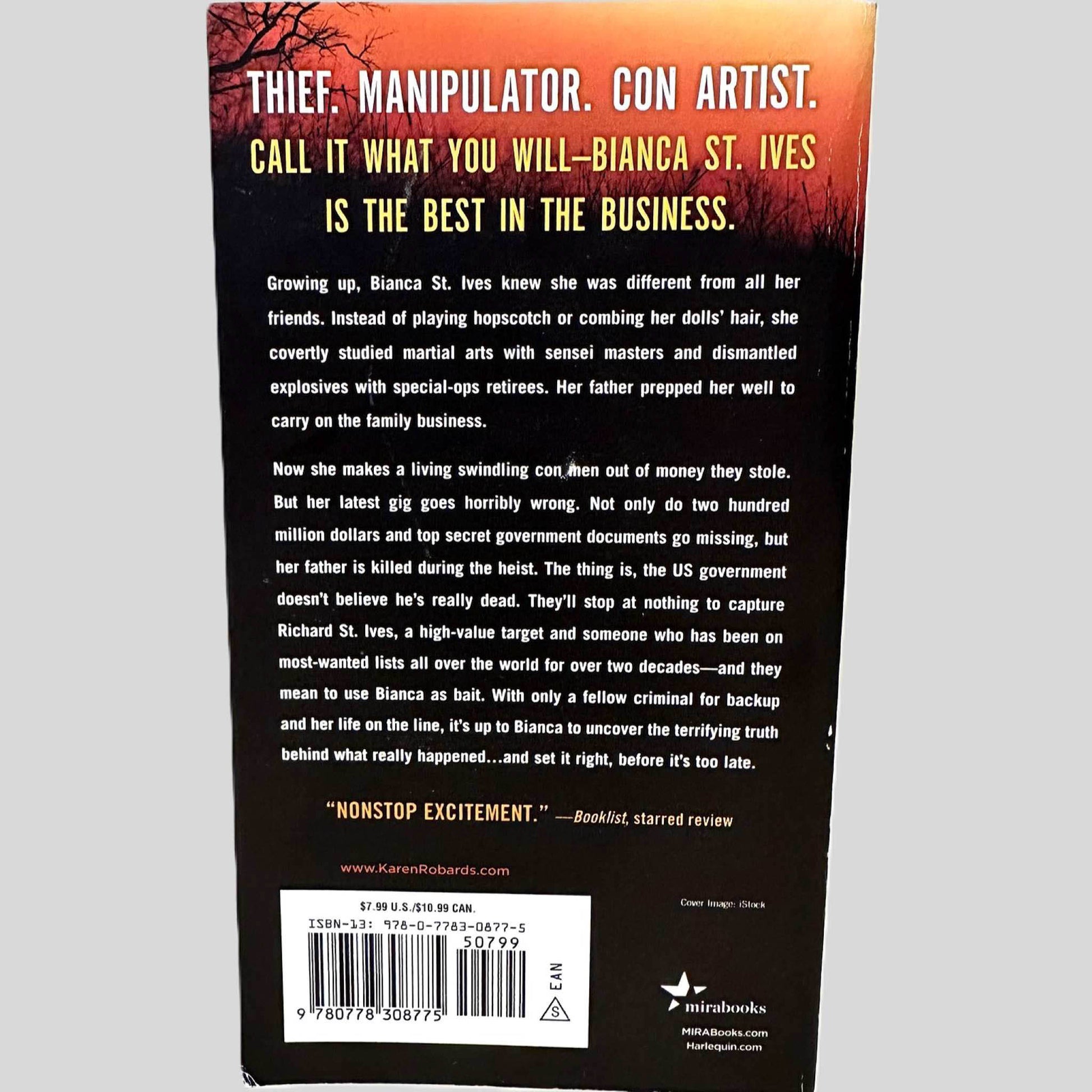 Back cover view of The Ultimatum by Karen Robards centered on a neutral light gray background. 