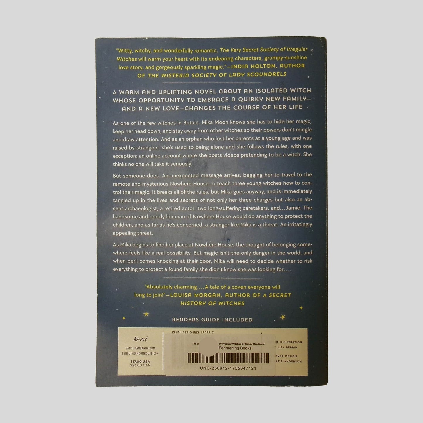 Back cover view of The Very Secret Society Of Irregular Witches by Sangu Mandanna centered on a neutral light gray background. 