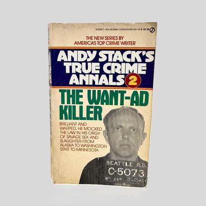 Front cover view of The Want-Ad Killer by Andy Stack centered on a neutral light gray background. 
