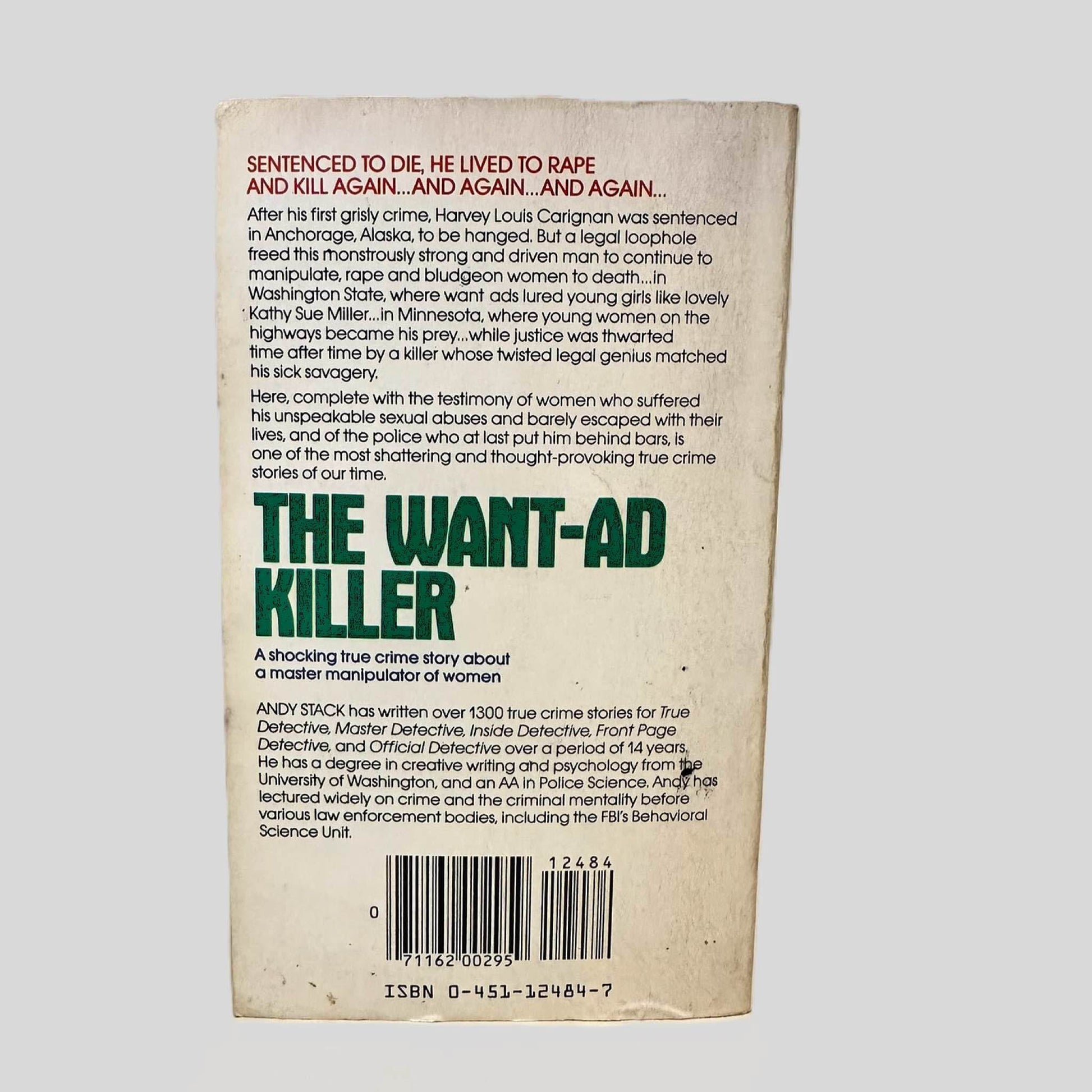 Back cover view of The Want-Ad Killer by Andy Stack centered on a neutral light gray background. 