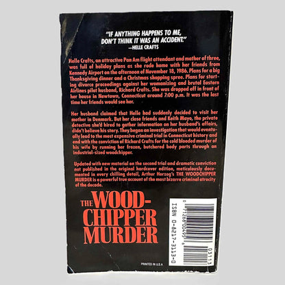 Back cover view of The Woodchipper Murder by Arthur Herzog centered on a neutral light gray background. 