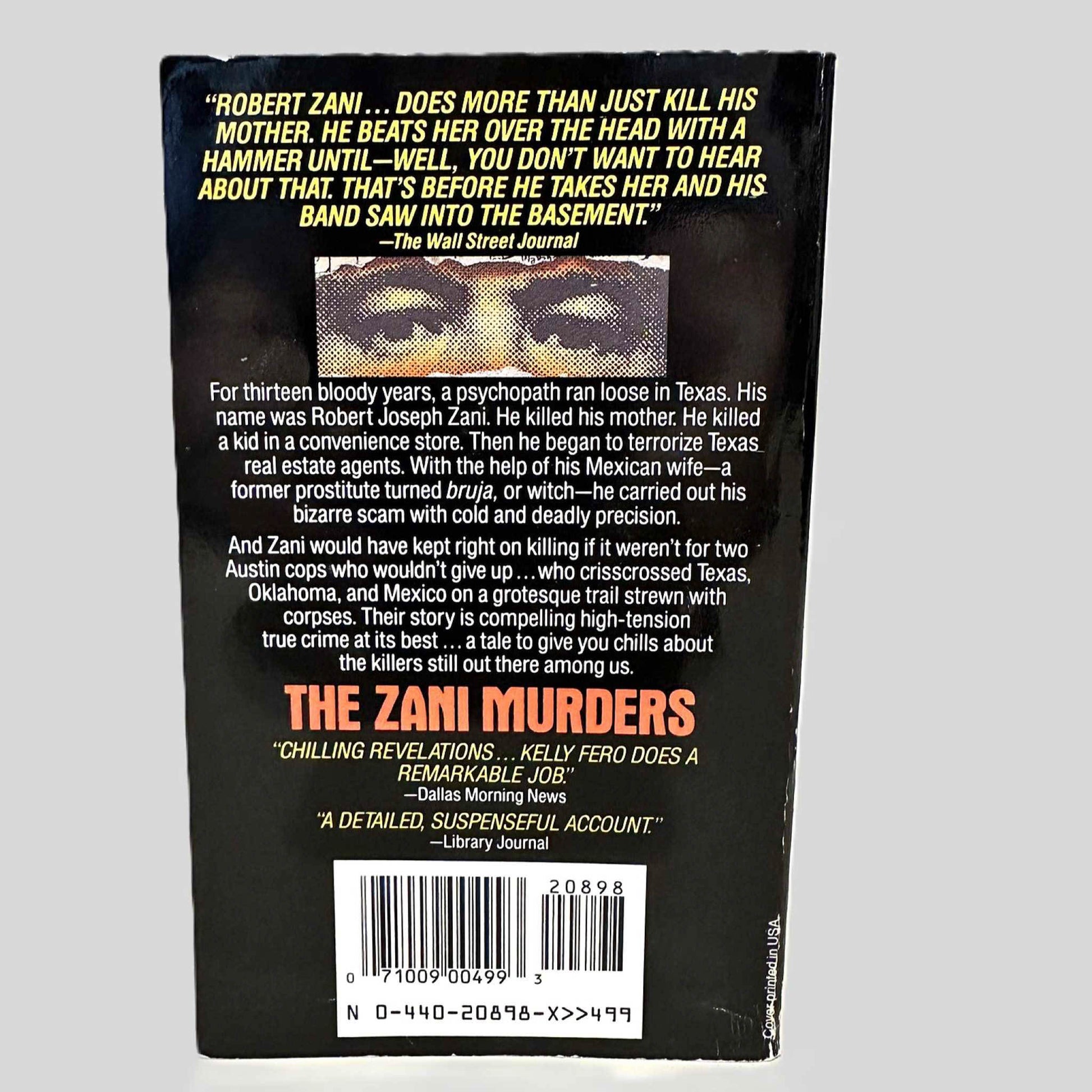 Back cover view of The Zani Murders by Kelly Fero centered on a neutral light gray background. 