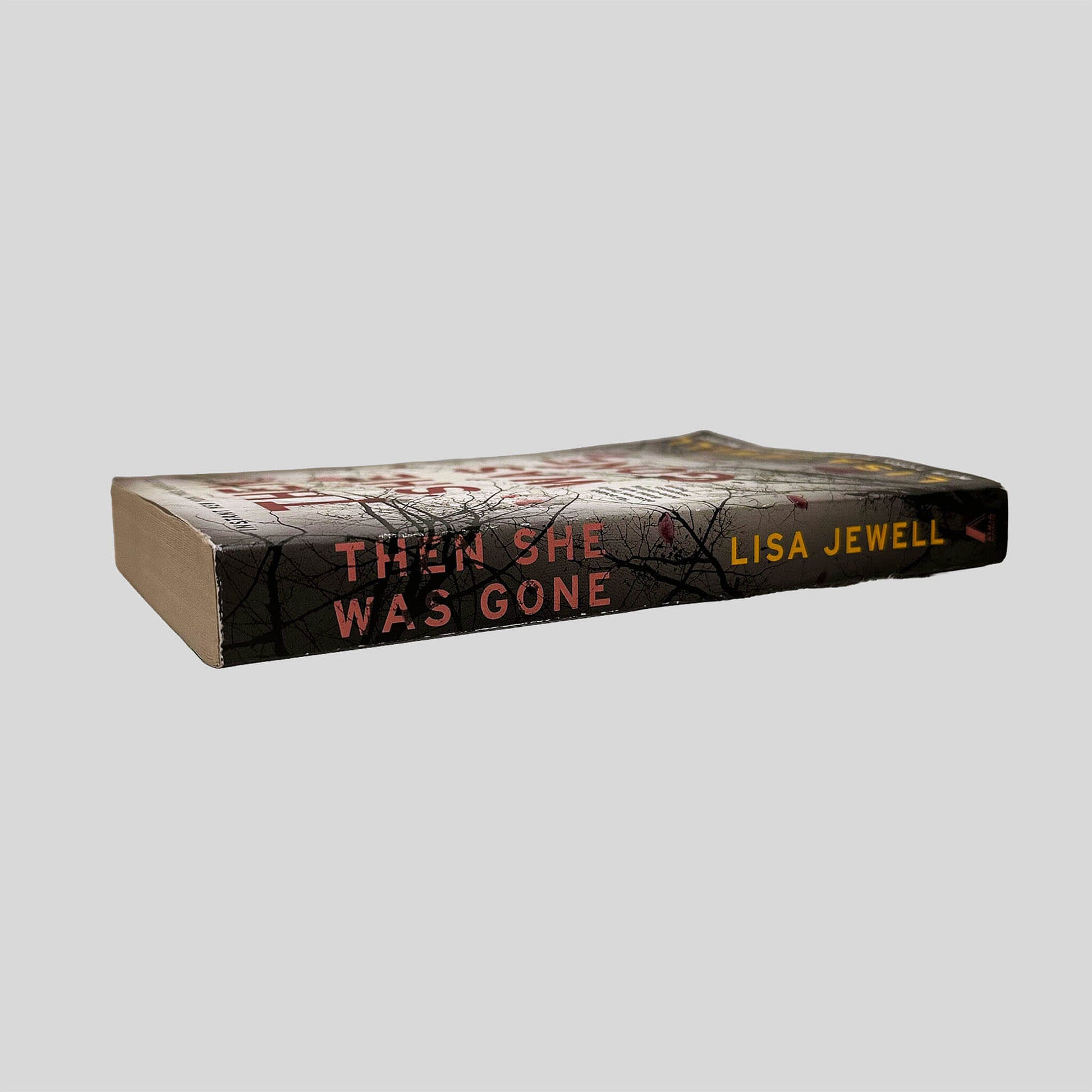 Close-up spine view of Then She Was Gone by Lisa Jewell centered on a neutral light gray background. Spine shows no creasing. Pages lay flat.