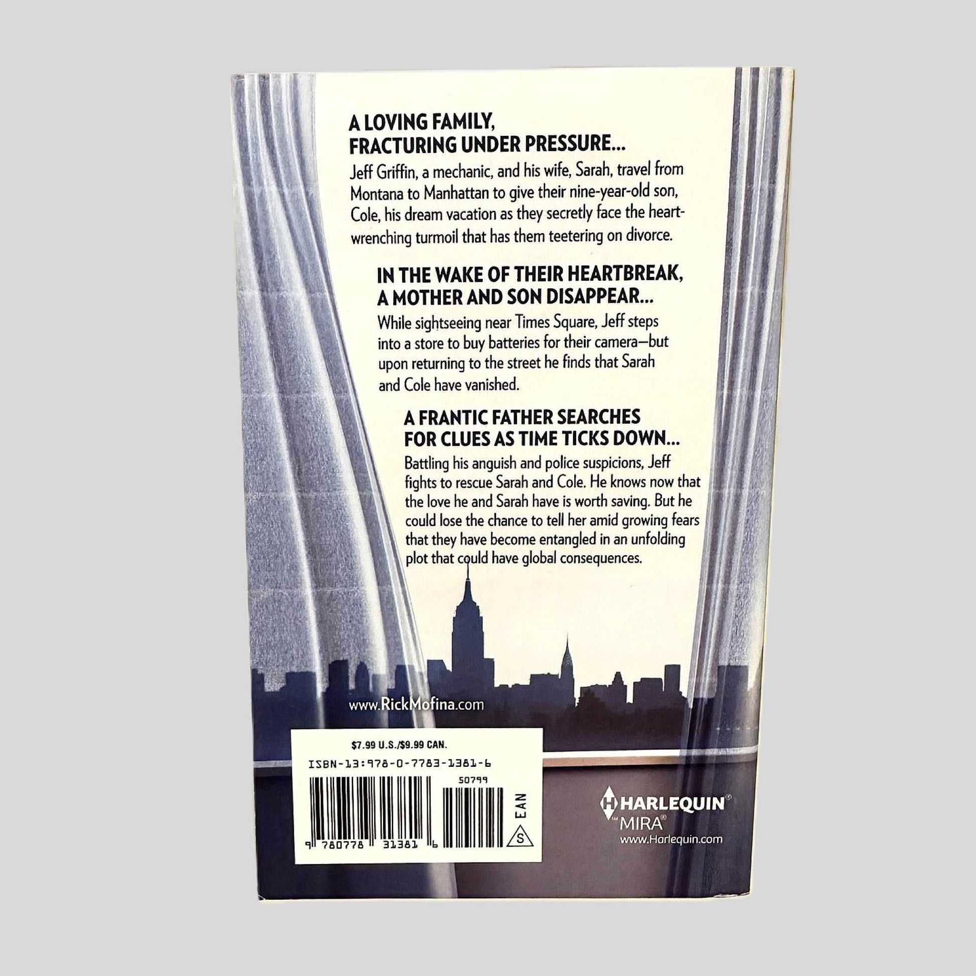 Back cover view of They Disappeared by Rick Mofina centered on a neutral light gray background. 