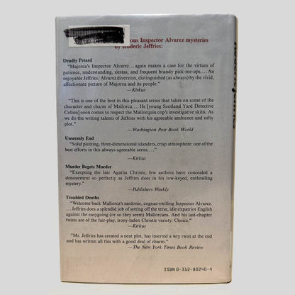 Back cover view of Three and One Make Five by Roderic Jeffries centered on a neutral light gray background. Dust jacket is present and undamaged. Library barcode sticker in the top left corner, colored over with black ink.