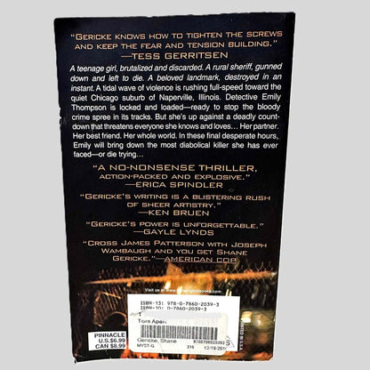 Back cover view of Torn Apart by Shane Gericke centered on a neutral light gray background. Shows minor chipping around the cover edges.