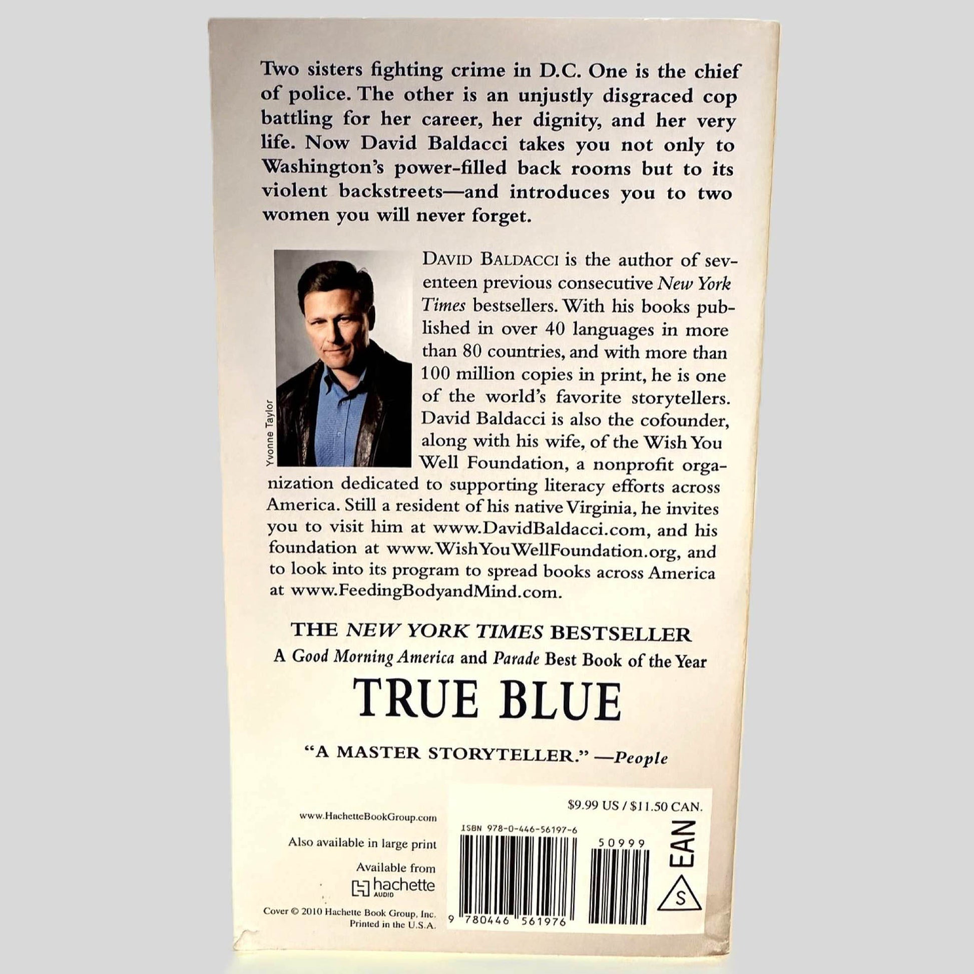 Back cover view of True Blue by David Baldacci centered on a neutral light gray background. 