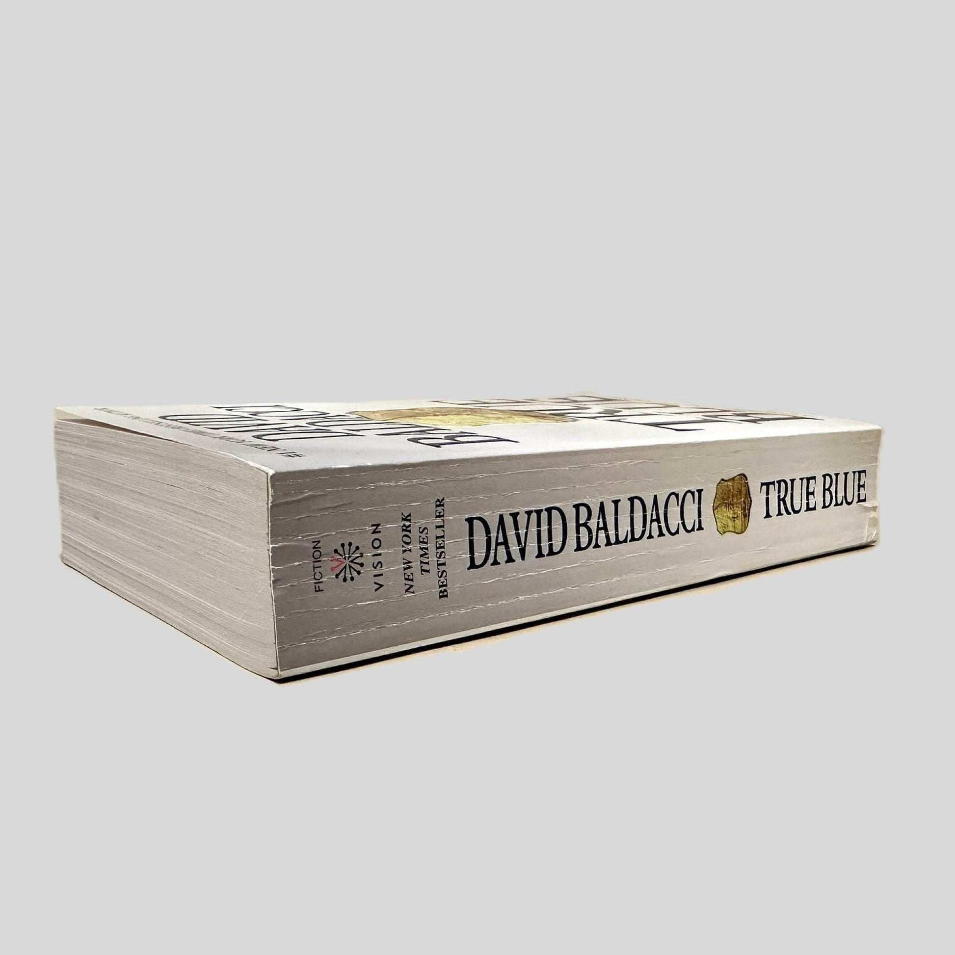 Close-up spine view of True Blue by David Baldacci centered on a neutral light gray background. Spine shows creasing. Pages lay flat.