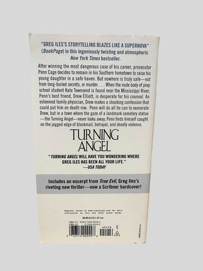 Back cover view of Turning Angel by Greg Iles centered on a neutral light gray background. 